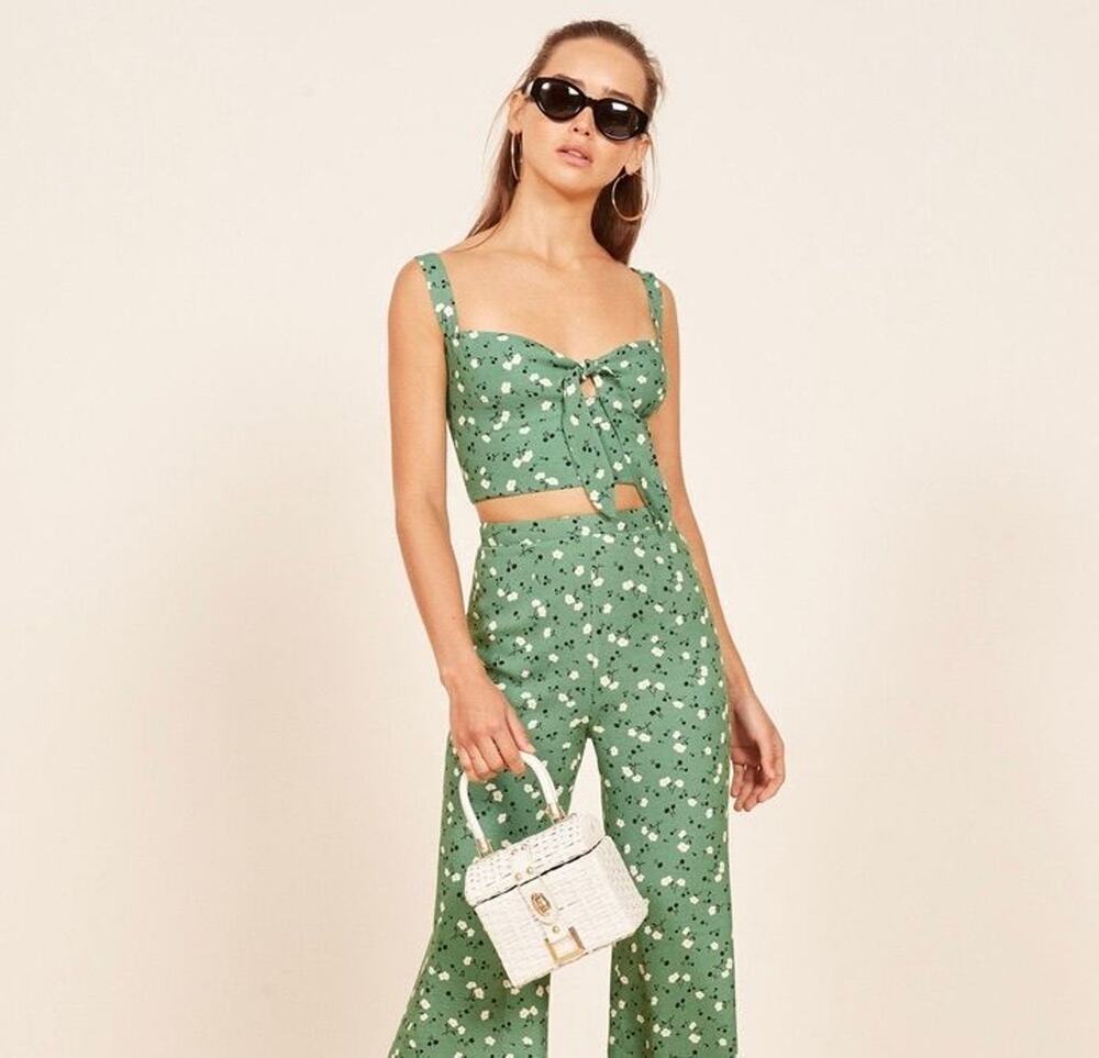 NWT Reformation Floral Tie Front Crop Top Green Size 18